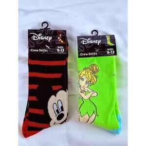 Disney Socks Tinkerbell, Mickey Mouse Crew 2 sets Red Black Striped Green Tink